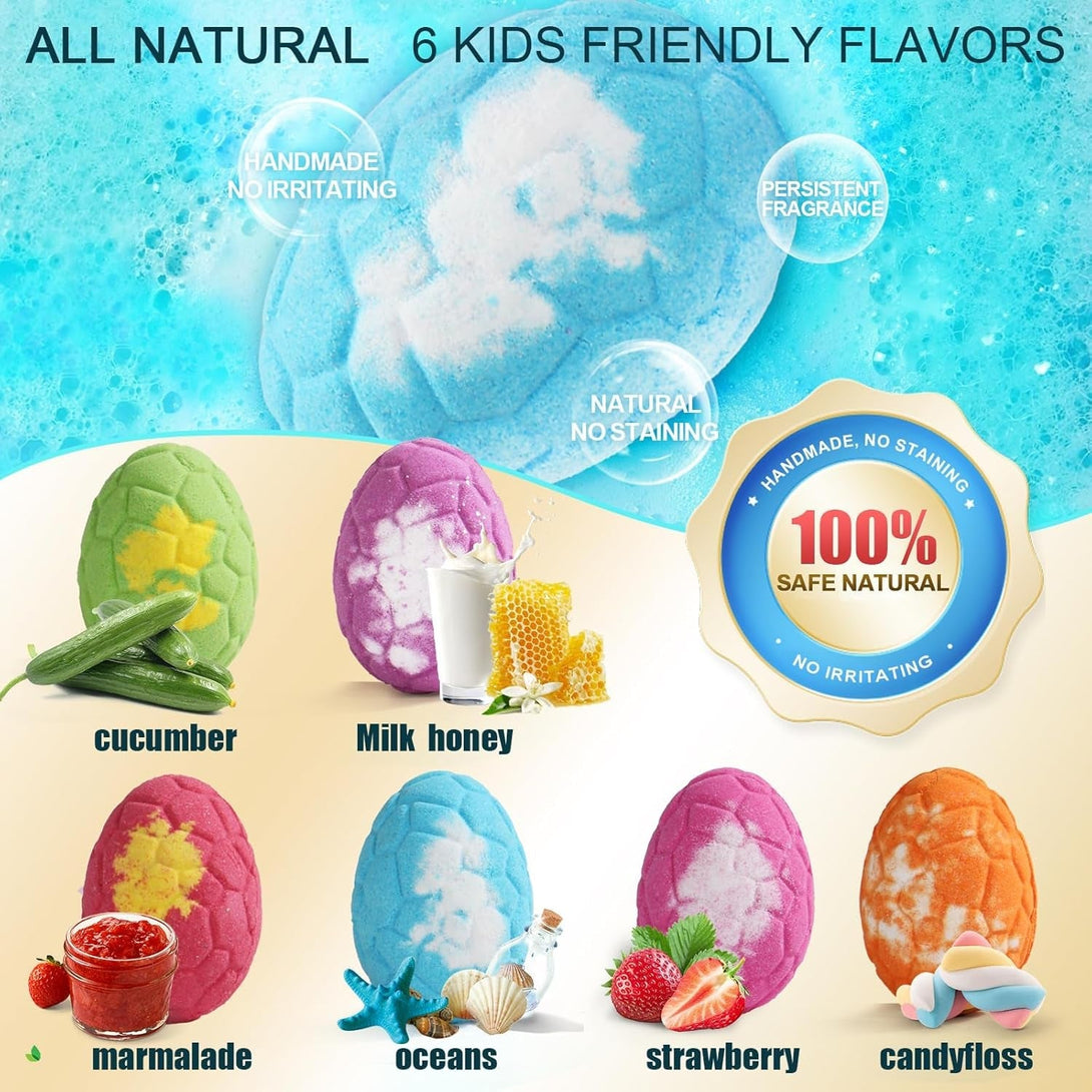 Bath Bombs for Kids with Surprise Inside, 6 Pack Big Kids Bath Bombs Gift Set, Organic Bubble Bath Fizzies with Dinosaur Egg Toys & Dinosaur Themed Mat, Birthday Gifts for Boys, Girls 3 4 5 6 7 8 9