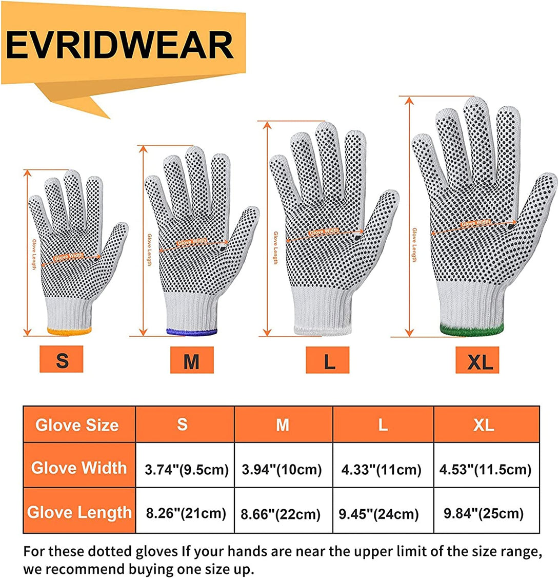 Evridwear Cotton Polyester String Knit Shell Safety Protection Work Gloves for Painter Mechanic Industrial Warehouse Gardening Construction Men & Women 12 Pairs, with One Side Dots, L Size