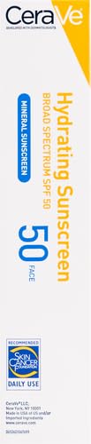 Cerave 100% Mineral Sunscreen SPF 50, Face Sunscreen with Zinc Oxide & Titanium Dioxide, Hyaluronic Acid + Niacinamide + Ceramides, Oil Free,