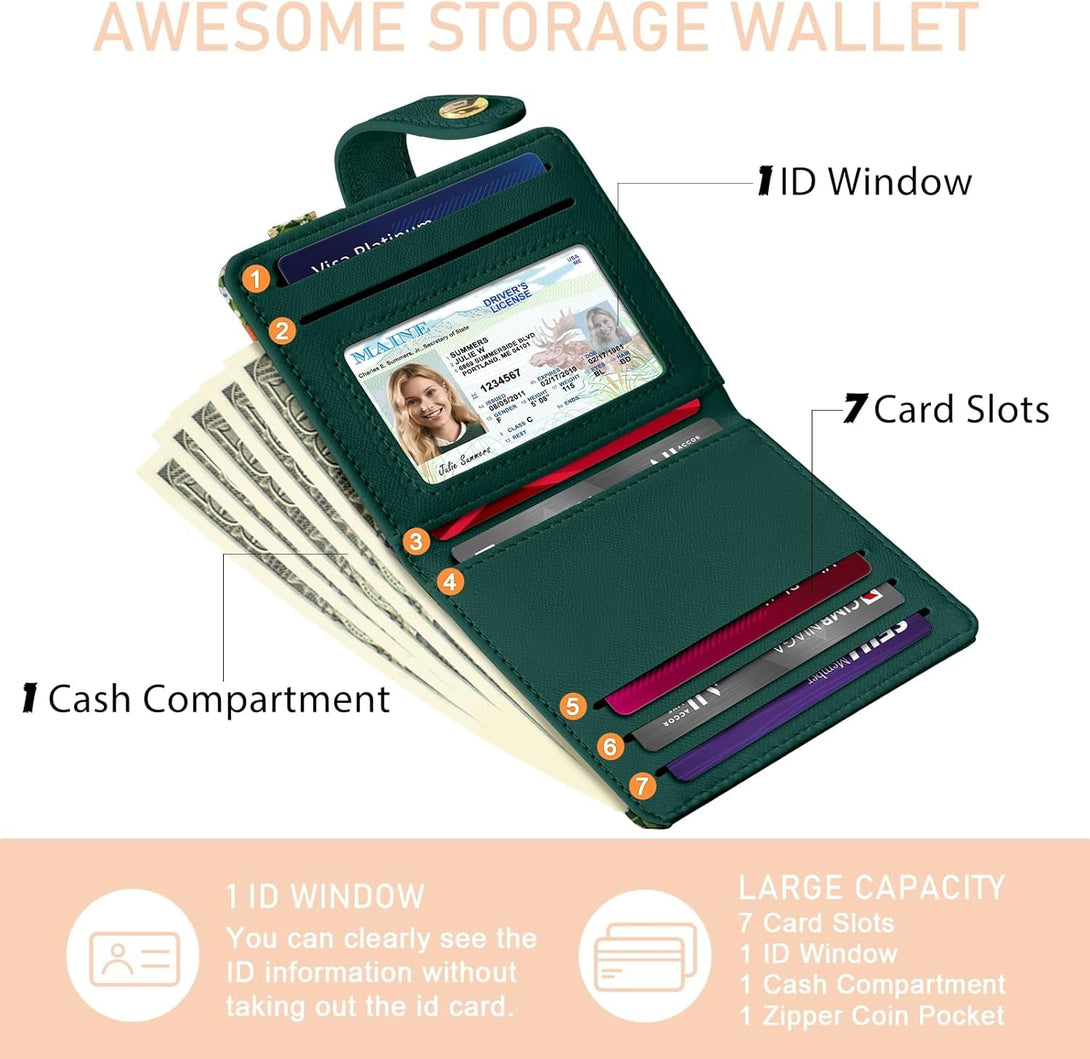 Black Cat Floral Rfid Women Wallet, Small Slim Thin Credit Card Wallet, PU Leather Bifold Cash Zipper Coin Pocket ID Window for Female Ladies Teen Girls Girly