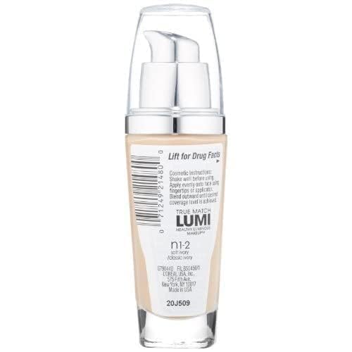 L'Oreal Paris True Match Lumi Healthy Luminous Makeup, N1-2 Soft Ivory Classic Ivory , 1 Fl; Oz.