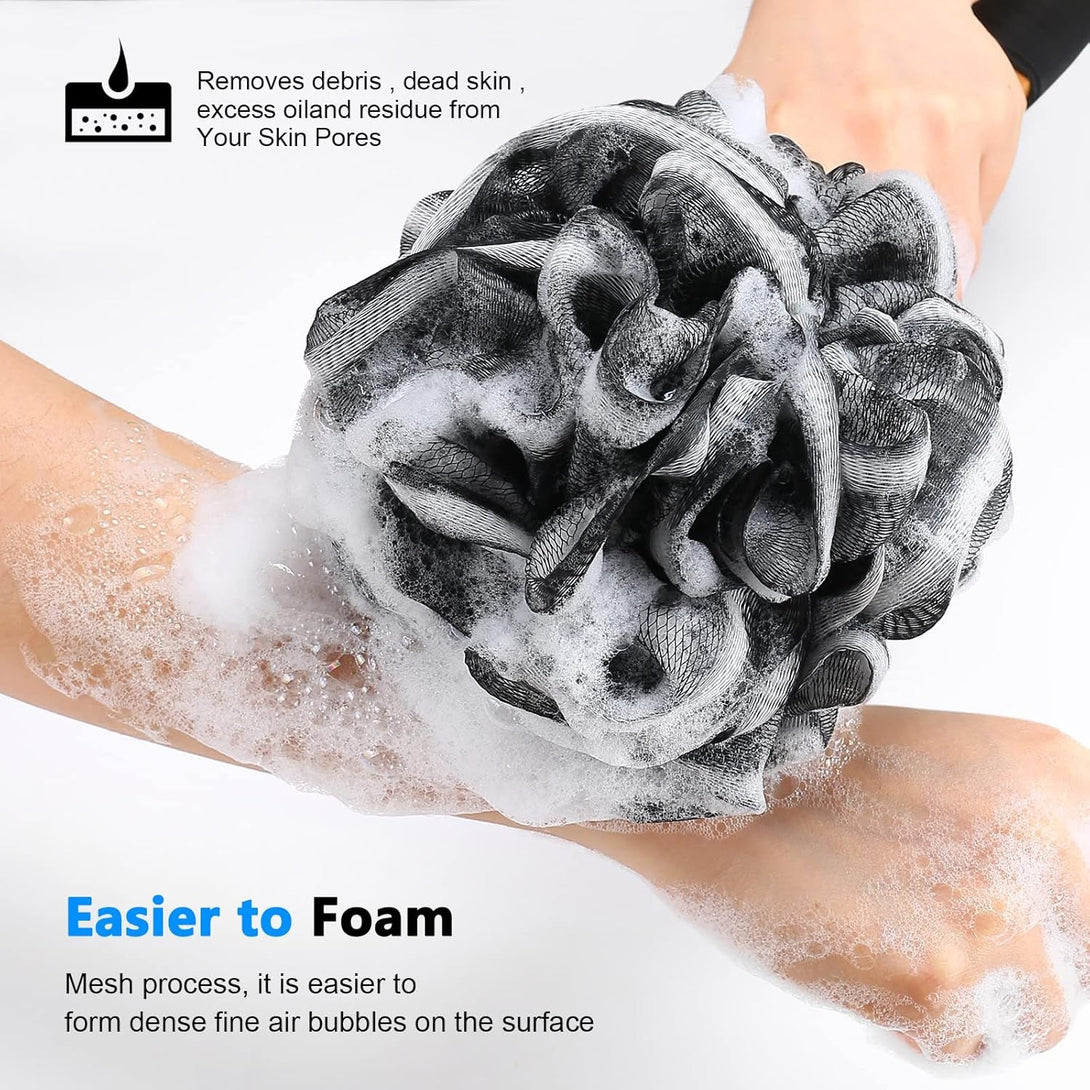 Black Loofah on a Stick PE Soft Mesh Luffa with Non-Slip Wooden Handle Made of Soft and Sturdy Rubber Material Back Scrubber for Shower for Women and Men with String for Easy Hanging