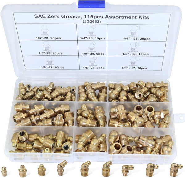 115Pcs 1/4“ 1/8” Hydraulic Grease Brass Zerk Fitting SAE Standard Assortment Kit-Straight, 90-Degree, 45-Degree Angled Zerk Assortment Set