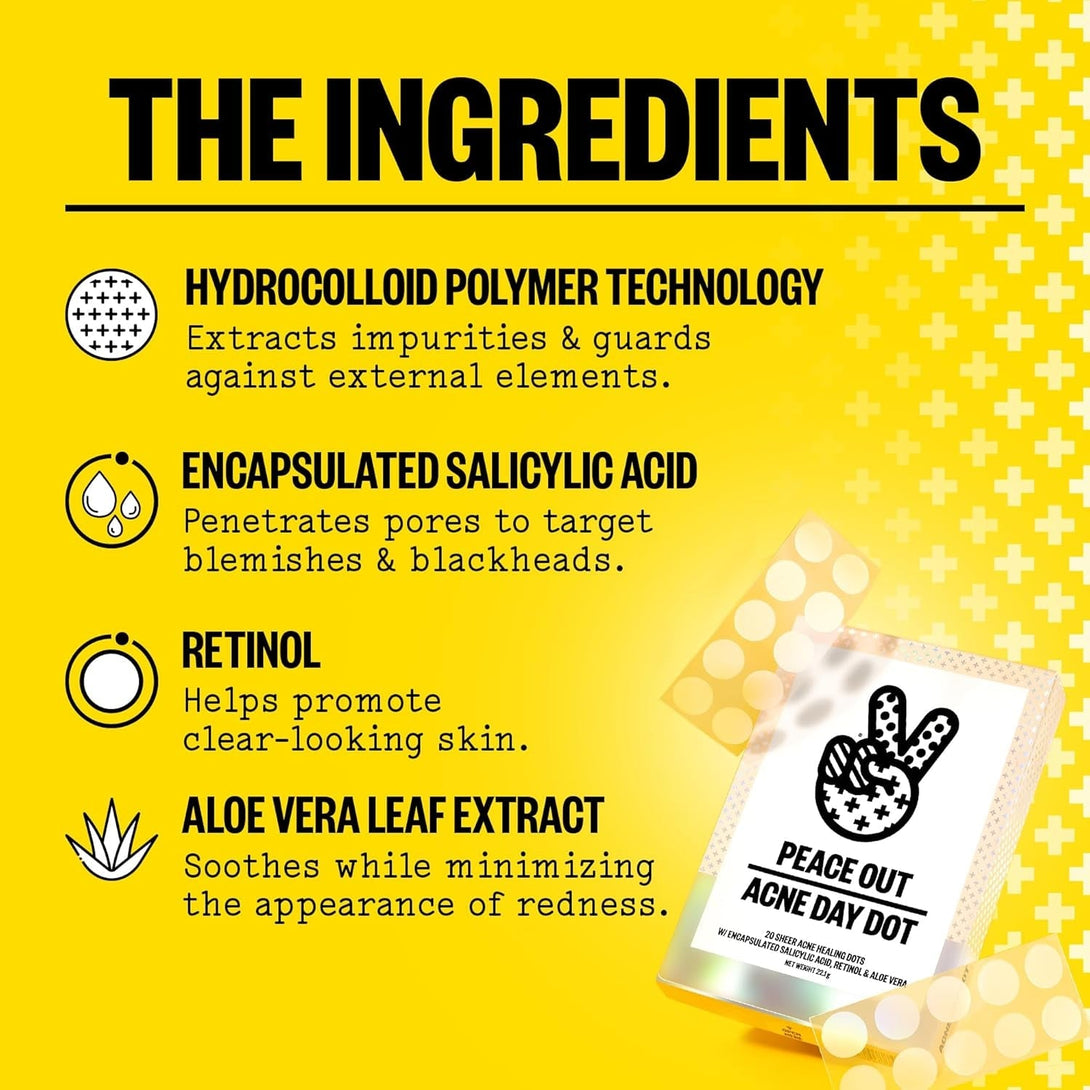 PEACE OUT Acne Day Dot, Sheer Acne Healing Dots, Virtually Invisible Wear, Hydrocolloid Pimple Patches Helps Clear Blemishes Quickly with Encapsulated Salicylic Acid, Retinol & Aloe Vera, 20 Dots