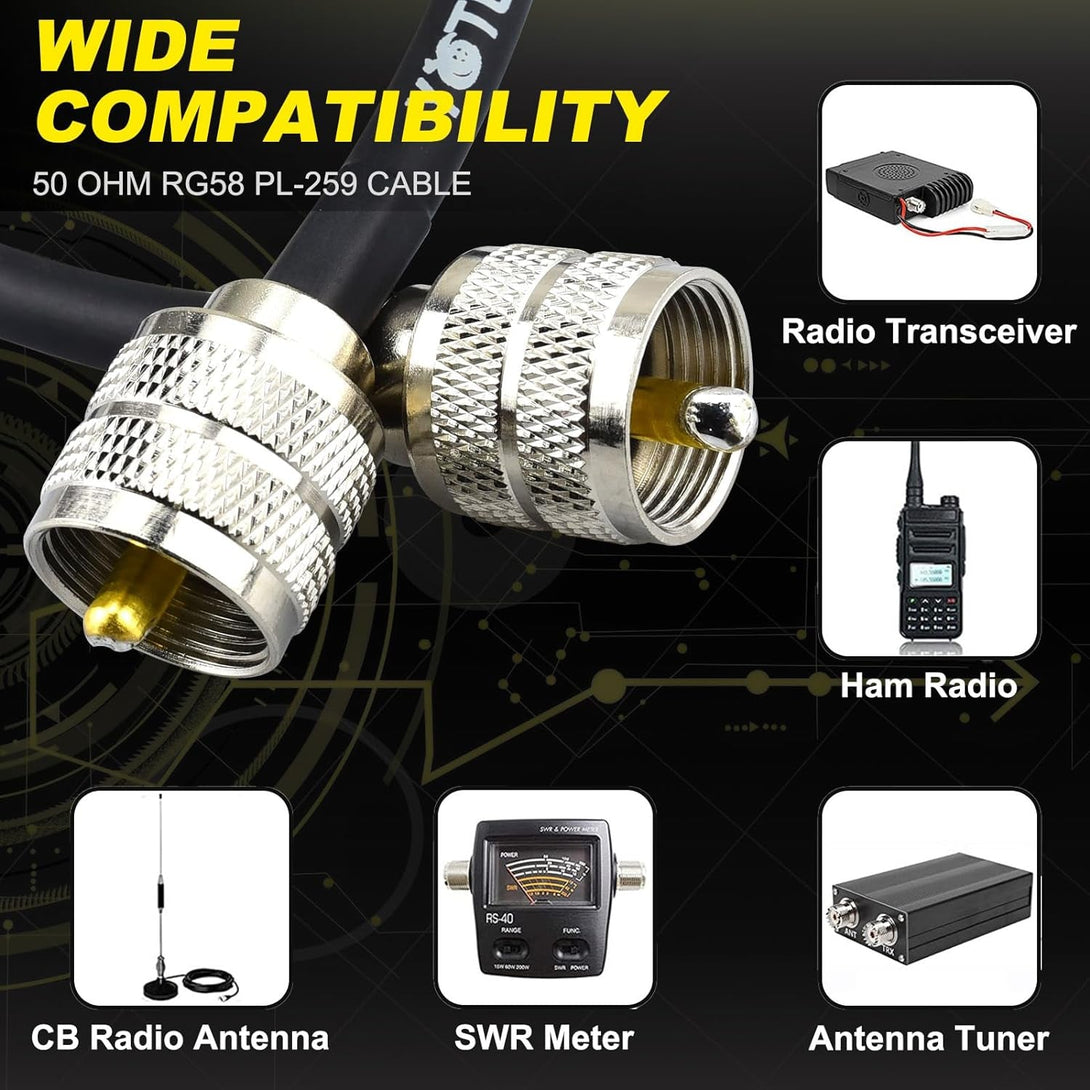 RG58 Coaxial Cable 49.2Ft, CB Coax Cable, UHF PL259 Male to Male Coaxial 50 Ohm Coax Low Loss for HF VHF CB Radio, Ham Radio, SWR Meter, Scanner, Antenna Analyzer