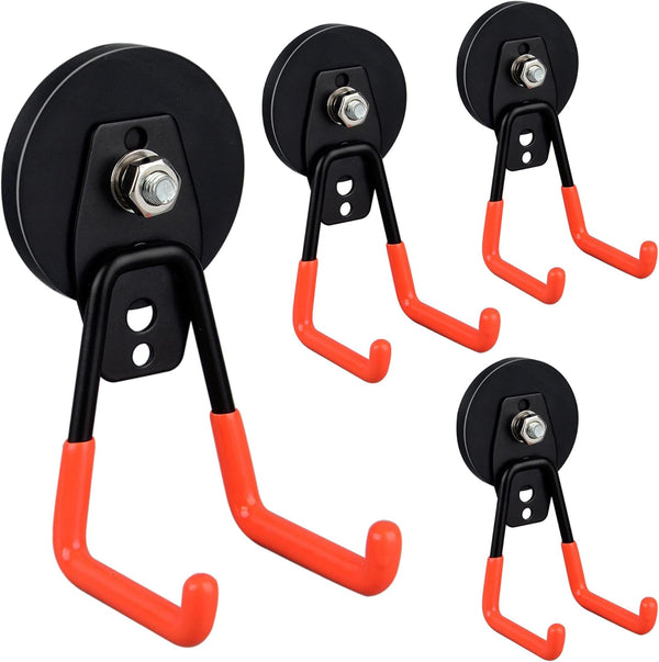 ULIBERMAGNET Heavy Duty Magnetic Garage Hooks,4 Pack Strong Large Magnet Hooks for Power Drill,Garden Tools,Hose,Pegboard,Garage, Workshop,Magnetic Storage Hooks for Indoor Outdoor Hanging(Orange)