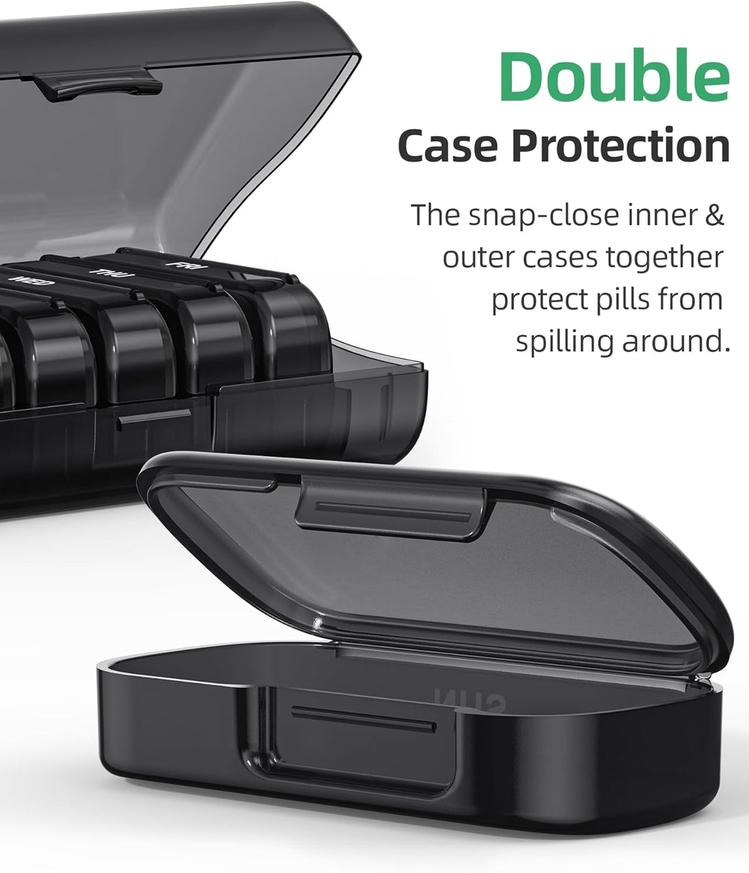 PULIV Pill Organizer with Large Capacity, Dual Protection Pill Box 7 Day, Arthritis Friendly Pill Case Easy to Open, Weekly Medicine Organizer for Vitamins, Medications, Fish Oils, Supplements (Black)