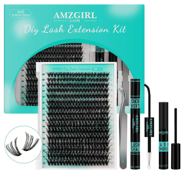 Lash Extension Kit 320Pcs,Diy Individual Lashes Clusters Kit,Lash Bond and Seal,Lash Remover for Eyelashes Extensions,Lash Applicator Tool for False Eyelash Cluster Kit at Home(50D,D-Mix9-16Mm Kit)