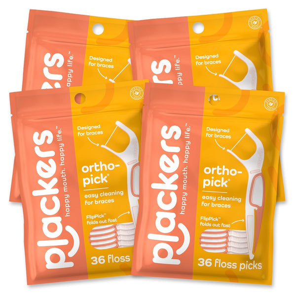 Plackers Orthopick Floss Picks, Unflavored, Designed for Braces, Fold-Out Flippick, Tuffloss, Easy Storage with Sure-Zip Seal, 36 Count (4 Pack)