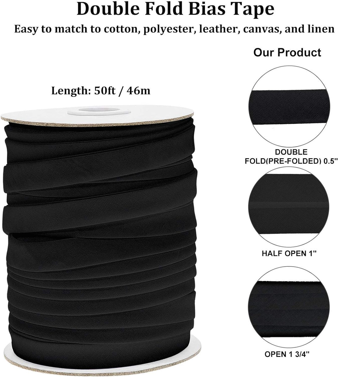 Double Fold Bias Tape Bias Binding Tape for Sewing, Seaming, Hemming, Piping, Quilting, 1/2 Inch X 50 Yards (Black)