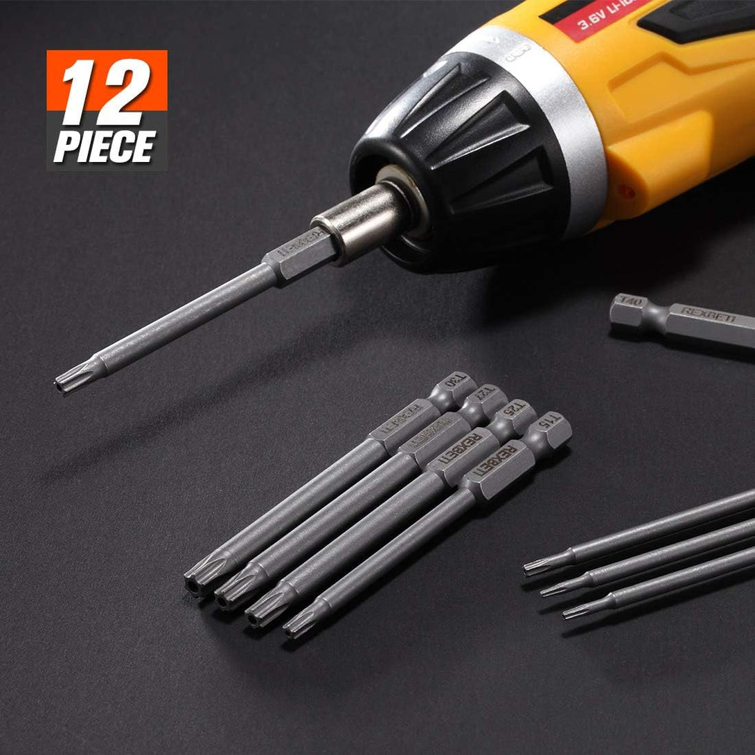 REXBETI 12 Piece Torx Head Screwdriver Bit Set, 1/4 Inch Hex Shank S2 Steel Magnetic 3 Inch Long Drill Bits, T5-T40 (Torx Head)