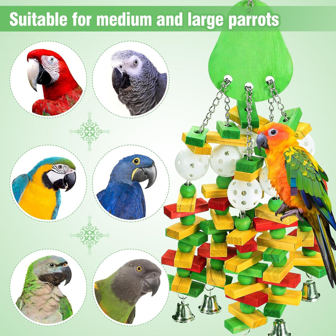 Large Bird Toys, Parrot Toys Gift for Macaws African Grey Amazon Parrots, Chewing Toy for Large Birds with Colorful Wooden Blocks Beads and Crisp Bells (Avocado Style)