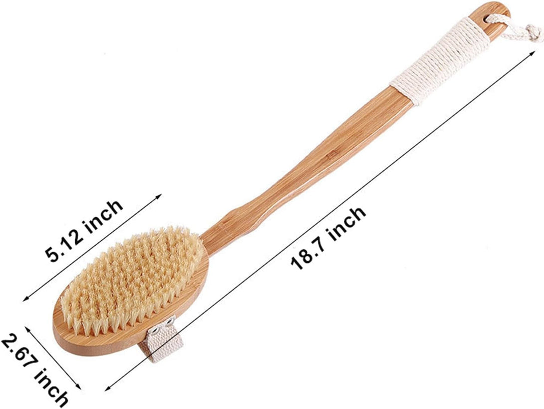 Body Brush Back Scrubber,18.7 Inch Long Handle Detachable Body Brush with Dual Brushing Heads for Dry Brushing Shower, Bamboo Medium Firm Bristle Brush for Body Cellulite and Lymphatic (Beige)