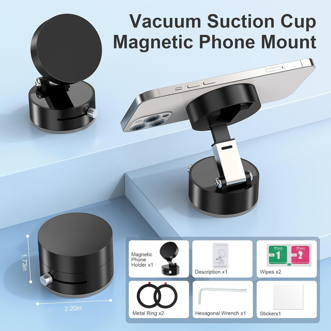 Amoner Vacuum Magnetic Suction Phone Holder, 2025 Upgrade 360° Retractable Suction Cup Phone Mount, Foldable Magnetic Vacuum Phone Holder, Folding Swivel Stand, for Car/Mirror/Gym
