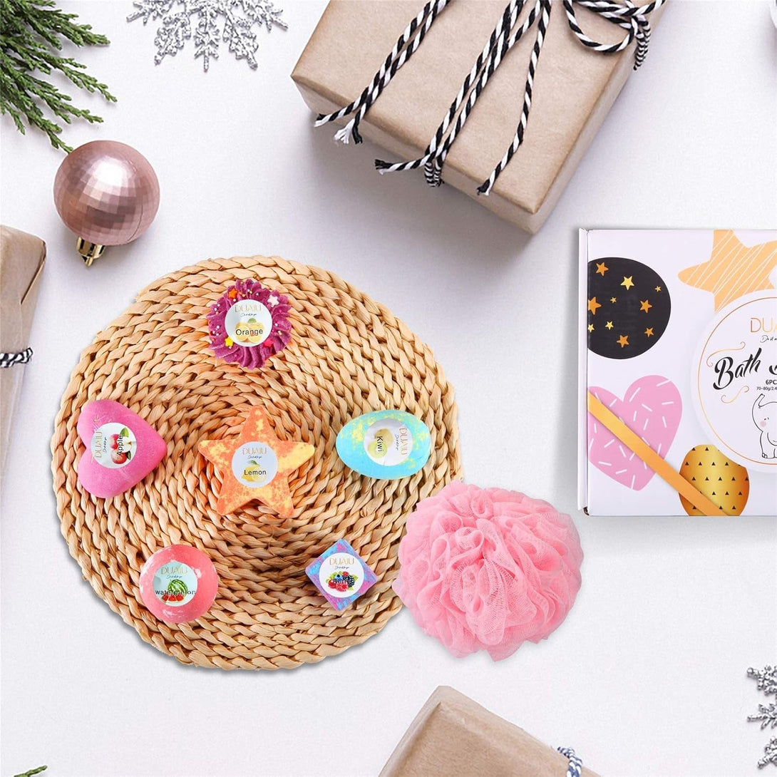 DUAIU 6Pcs Fizzy Bubble Bath Bombs for Kids & Women - Organic Natural Kids Bath Bomb Gift Set with Essential Oils, Fruit Fragrance and a Bathing Mesh Ball