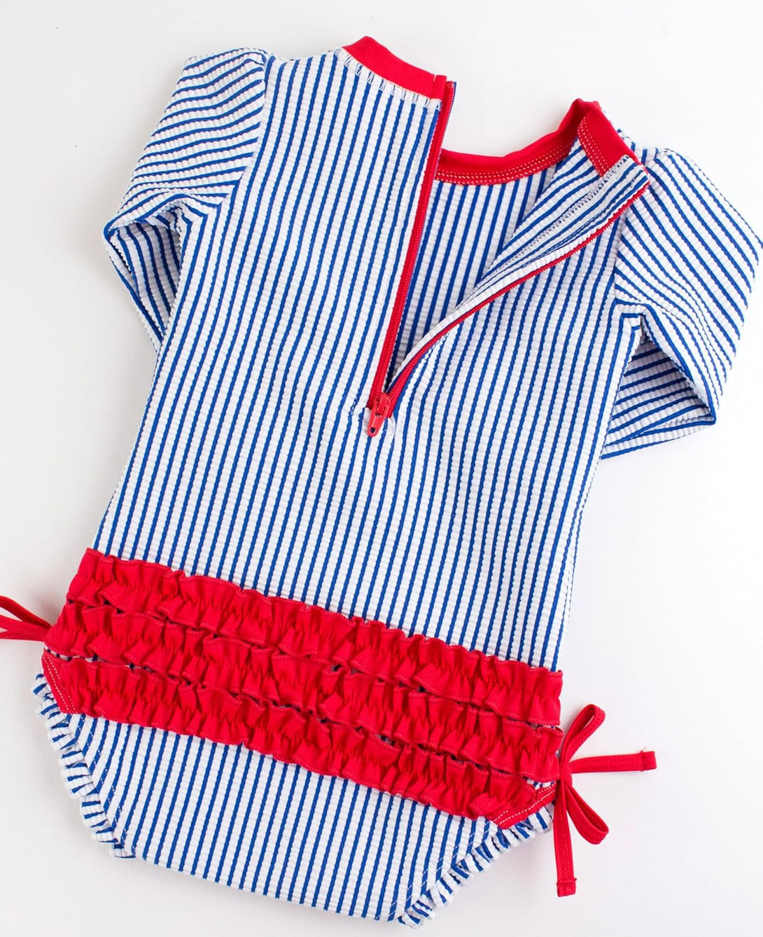 Rufflebutts Baby/Toddler Girls Seersucker Long Sleeve One Piece Rash Guard Swimsuit with UPF 50+ Sun Protection