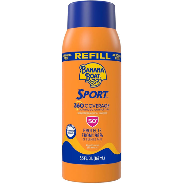 Banana Boat Sport 360 Coverage Spray Sunscreen Mist SPF 50 Refill | Non-Aerosol Sunscreen Spray, SPF 50 Sunblock Mist, Oxybenzone-Free, 360 Coverage Refill, 5.5Oz