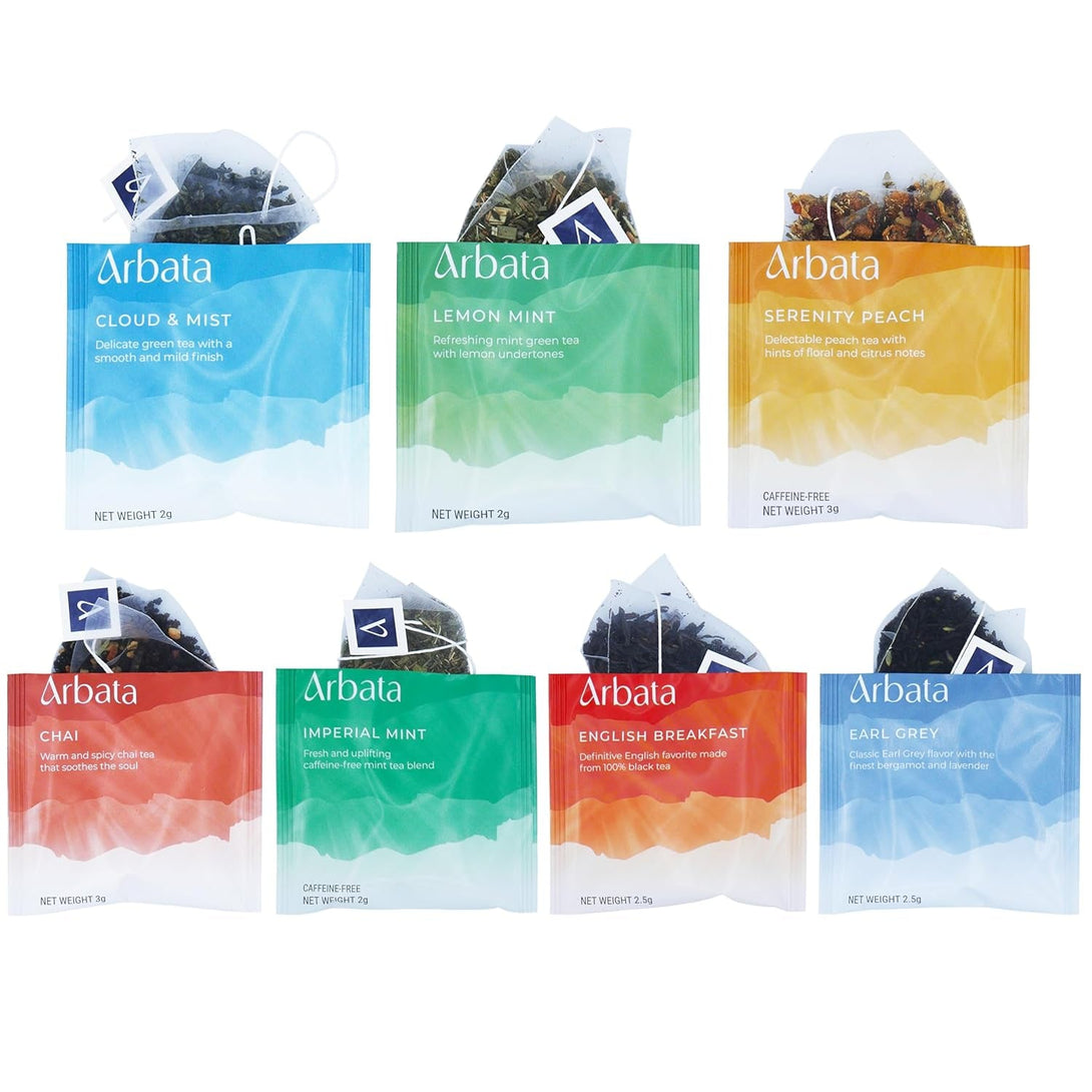 Arbata Assorted Artisinal Tea Sampler (14 Pyramid Tea Bags) Chai, Peach, English Breakfast, Chinese, Earl Grey, and Mint Teas - Green, Black, Herbal Tea Gift Set