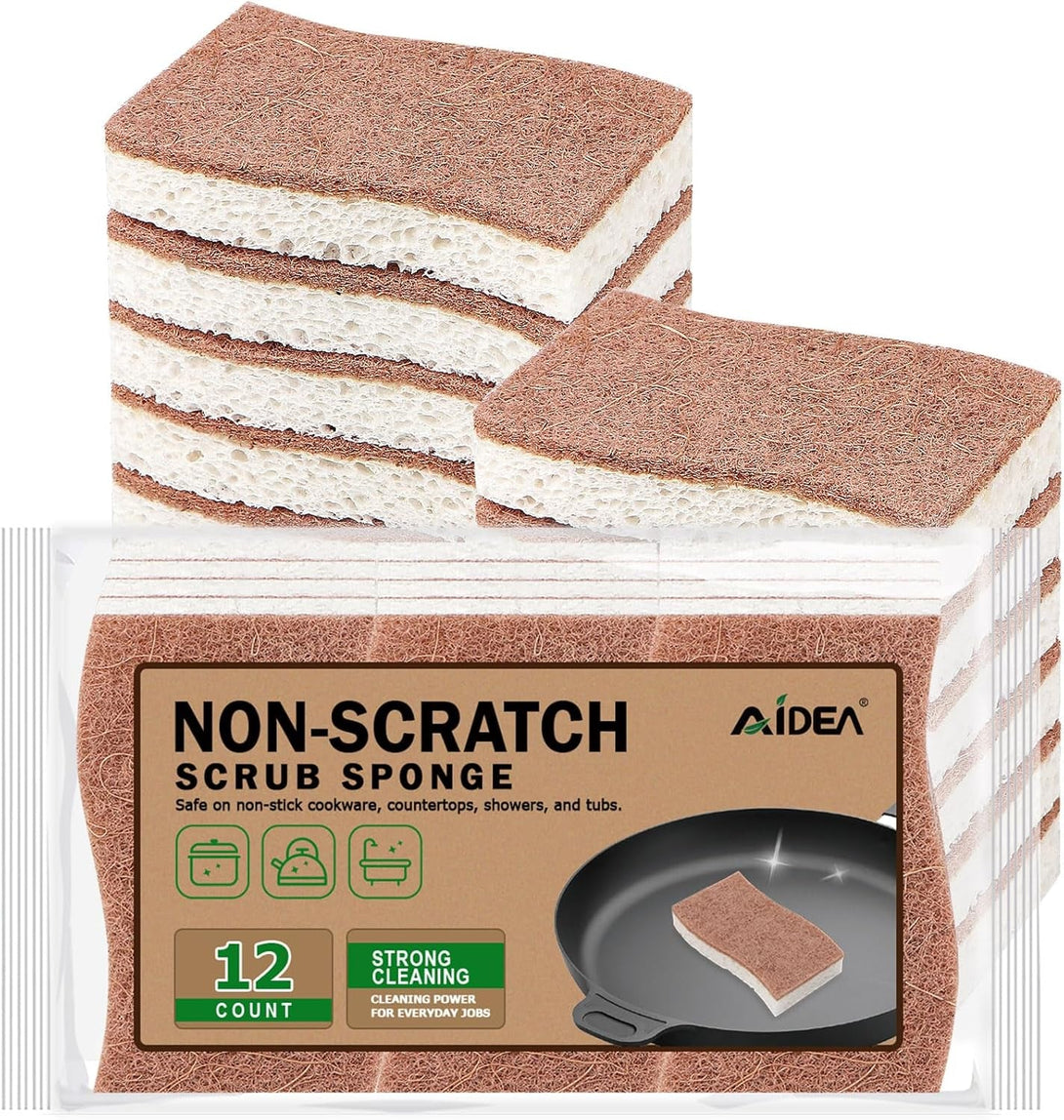 AIDEA Non-Scratch Scrub Sponge-12Count, Natural Sponges for Non-Stick Cookware, Sponges Kitchen, Cellulose Sponges for Dishes, Cleaning Sponge for Kitchen, Bathroom, Household
