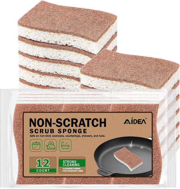 AIDEA Non-Scratch Scrub Sponge-12Count, Natural Sponges for Non-Stick Cookware, Sponges Kitchen, Cellulose Sponges for Dishes, Cleaning Sponge for Kitchen, Bathroom, Household