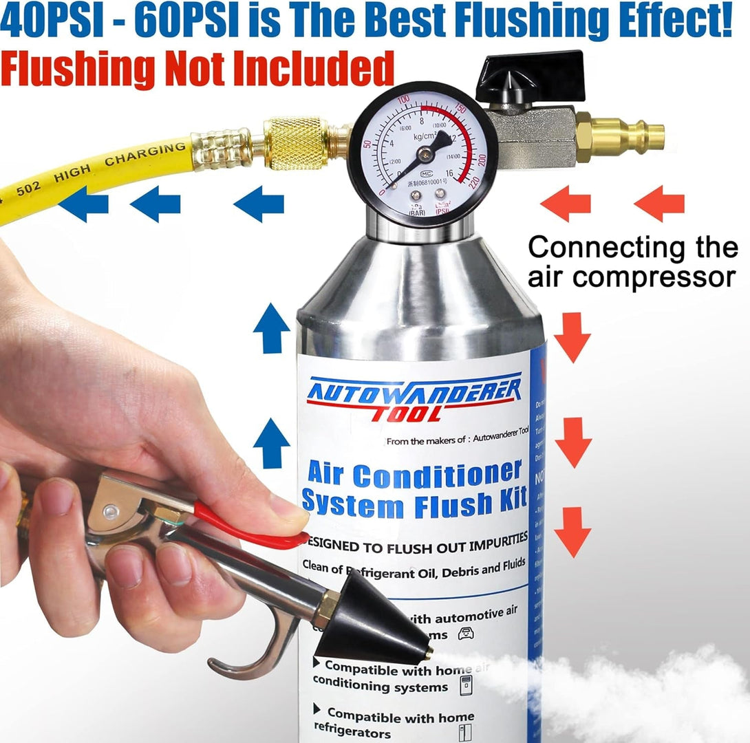 AC Flush Kit Air Conditioner System Flush Canister Gun Set for Clean A/C Line Flush R134A R410A R404A