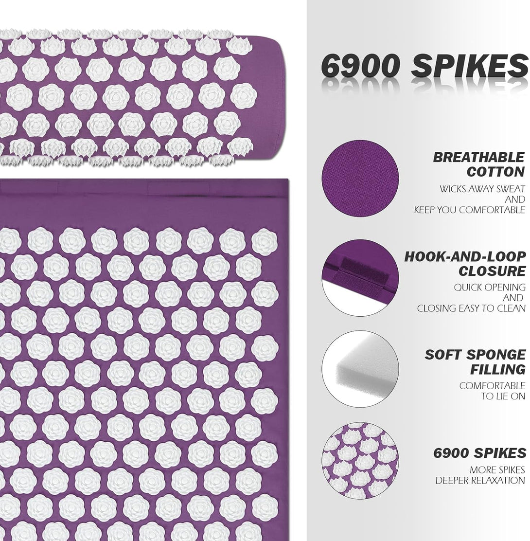 Acupressure Mat and Pillow Set with Oxford Bag, for Neck Back Pain, Muscle Relaxation Stress Relief, Relieve Sciatica and Pain Relief Set (Purple)