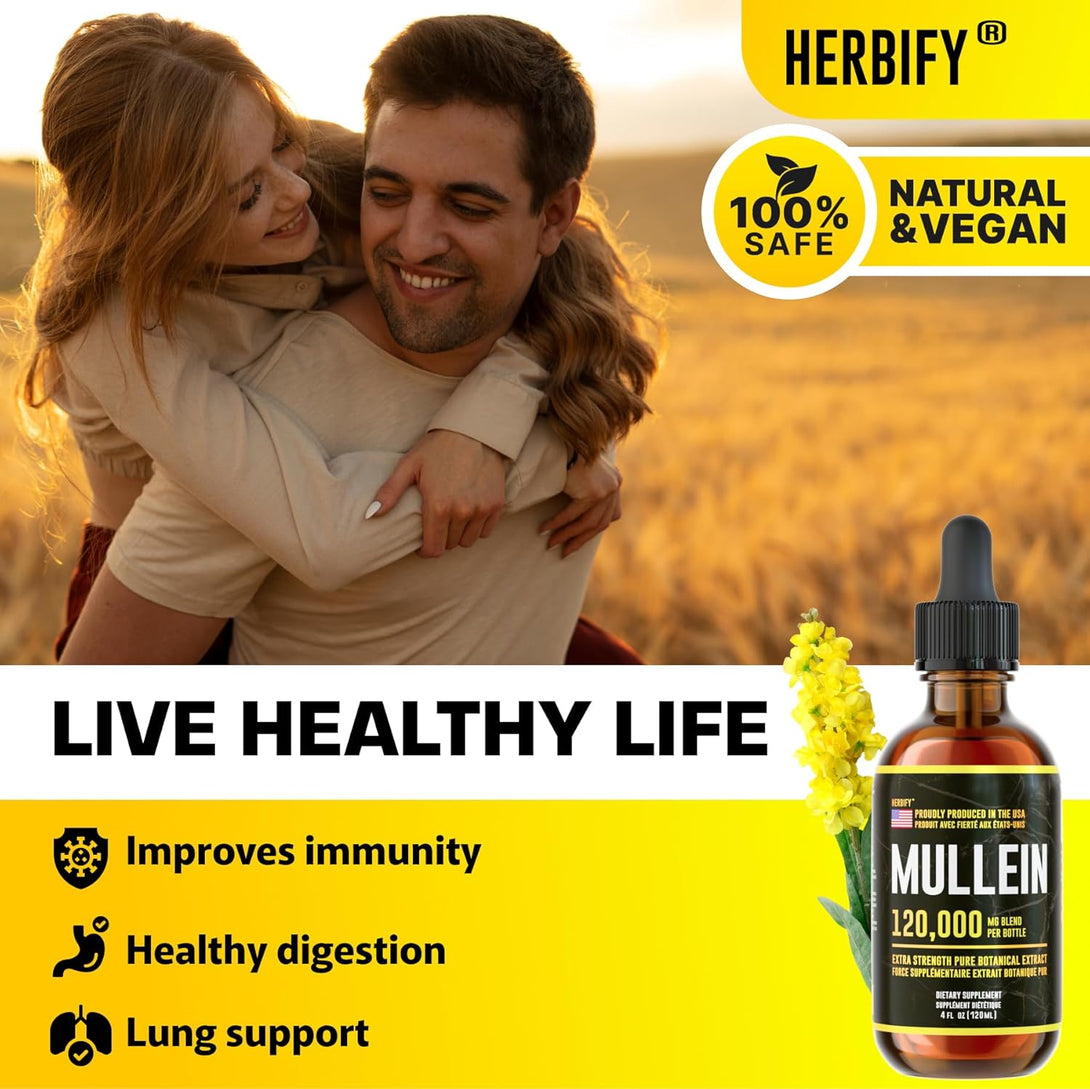 HERBIFY Mullein Drops - Lung Cleanse - Leaf Extract - Powerful Mullein for Immune Support,Detox & Respiratory Support - Made in USA - Herbal Supplements - 4 Oz