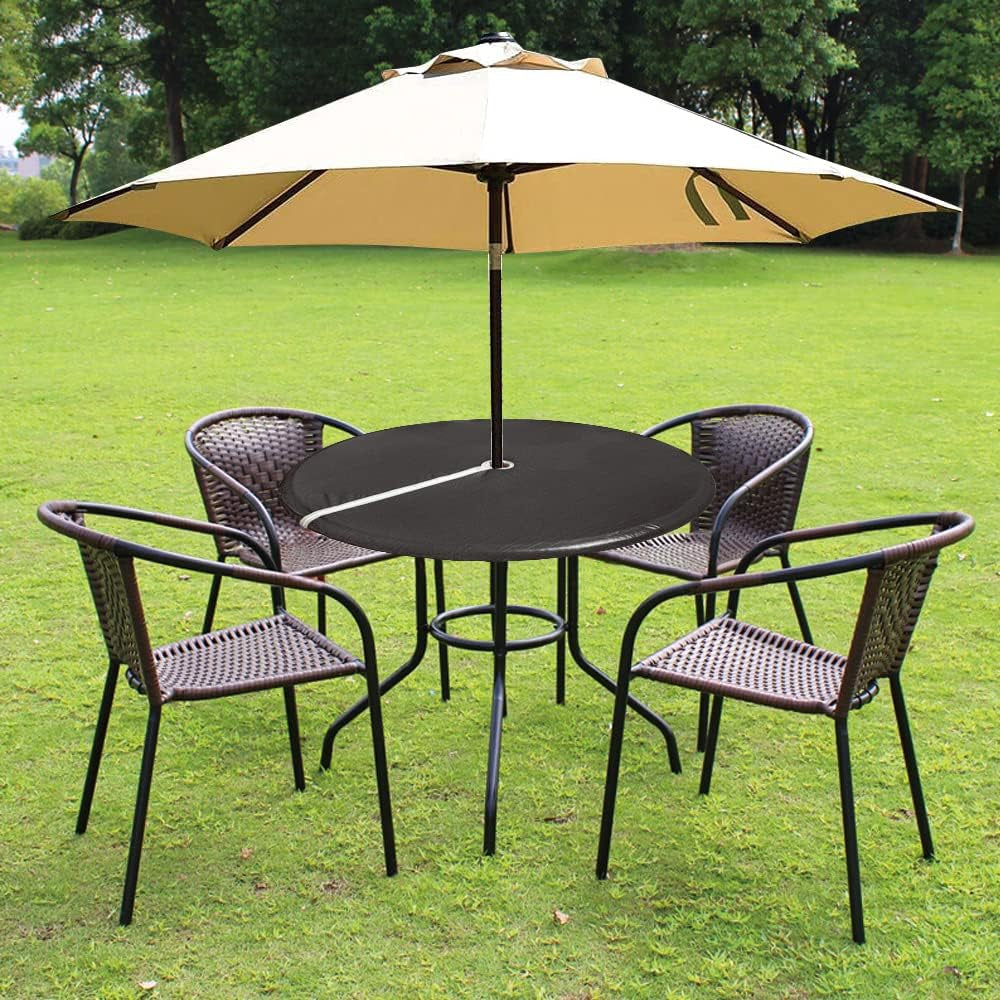 Round Fitted Vinyl Table Cloth Outdoor Tablecloth with Zipper and Umbrella Hole 100% Waterproof Wipe Clean PVC Table Cover for Party, Picnic and Patio, 40" - 44", Black
