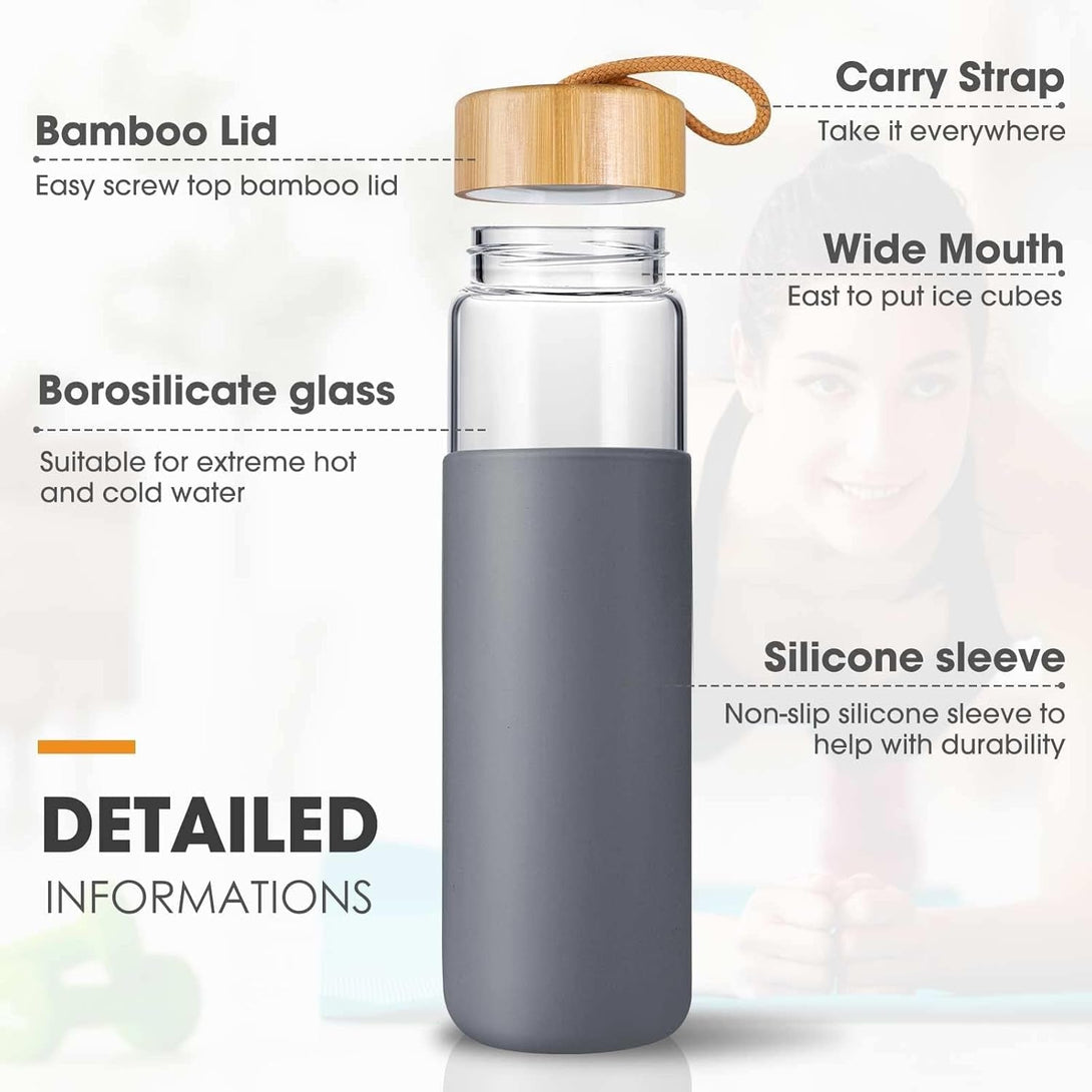20 Oz Borosilicate Glass Water Bottle with Bamboo Lid and Silicone Sleeve – Reusable BPA Free Drinking Bottle with Lids - Cute Bottle for Women - Glass Shaker Bottle (Charcoal Grey)