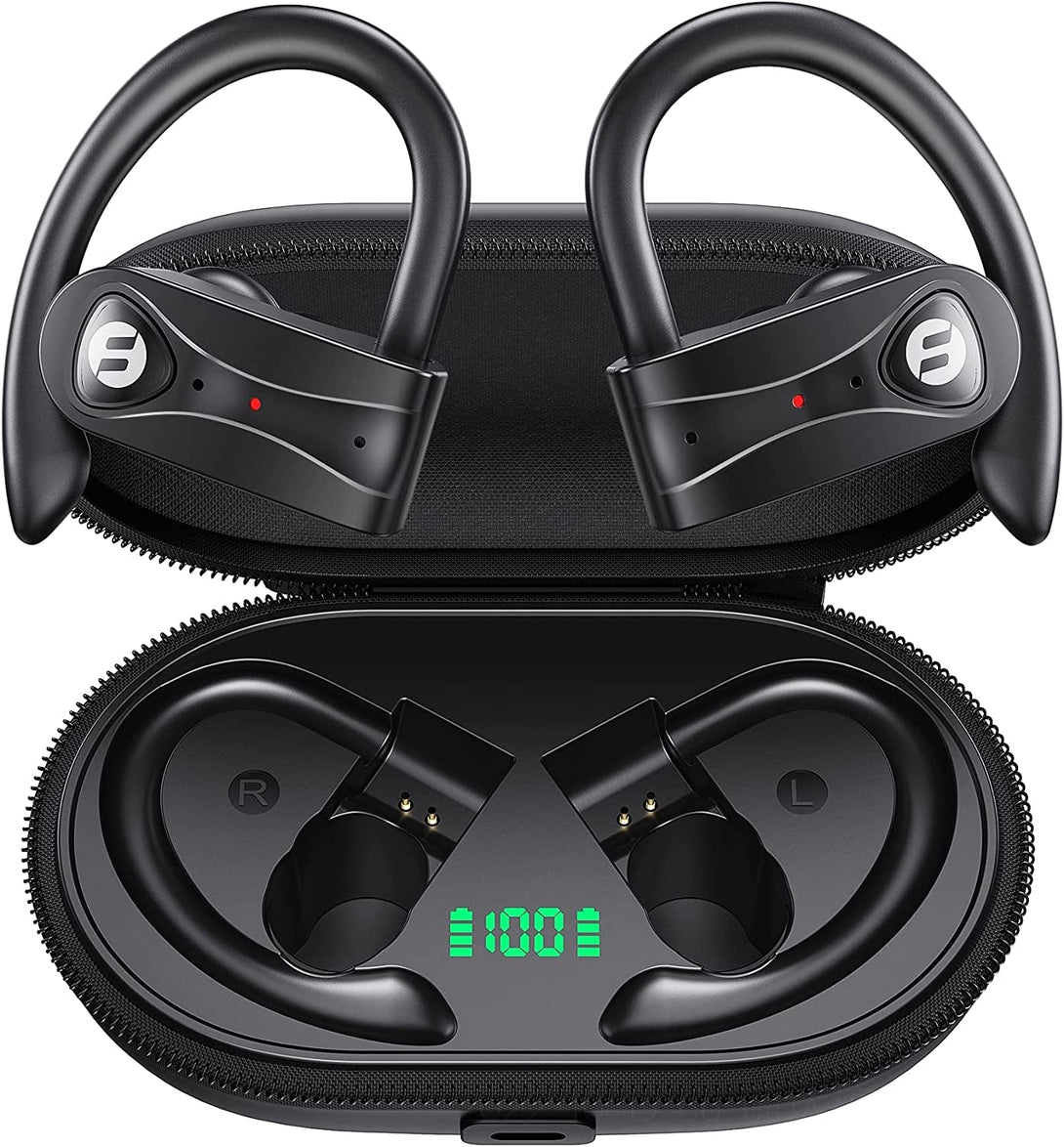 Wireless Earbuds 4 Mic Clear Call Bluetooth Headphones Wireless Charging Case Stereo Bass Sound 60H Playtime over Ear Earphones LED Digital Display Headset with Earhooks for Sports Running Workout Gym