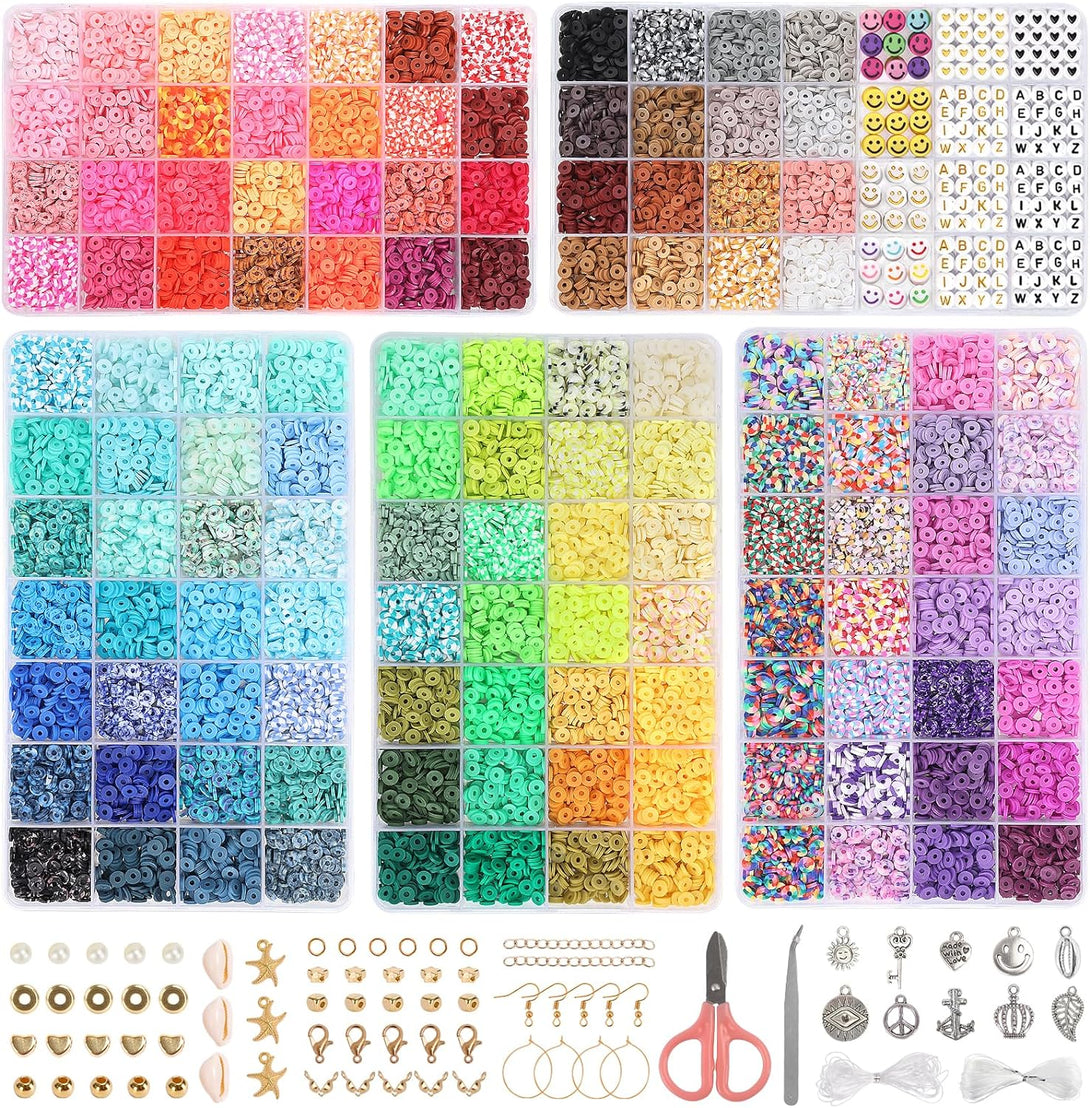 QUEFE 16860 Pcs Clay Beads Bracelet Making Kit, 128 Colors Polymer Beads Spacer Heishi Beads, Flat Preppy Beads for Jewelry Making Kit with Charms, DIY Crafts Gift