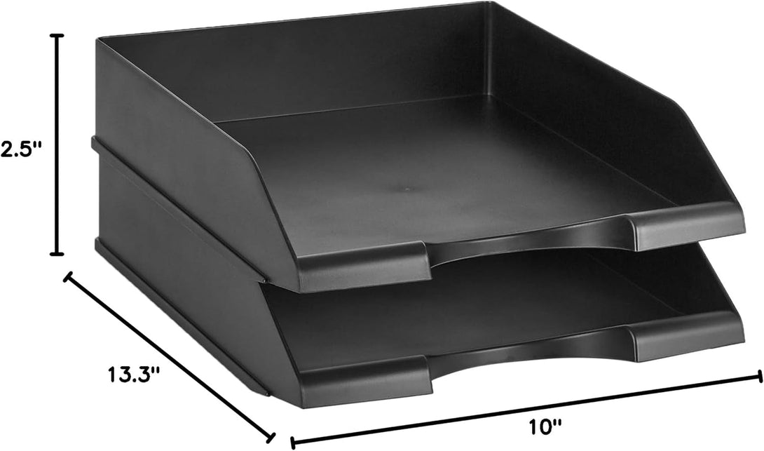 Amazon Basics Rectangular Stackable Office Letter Size Plastic Organizer Desk Tray, Pack of 2, 13.3" X 10" X 2.5", Black
