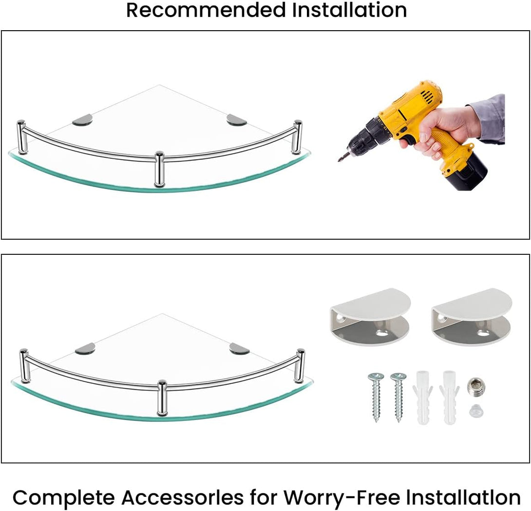 Glass Shower Shelves Caddies Tempered Bathroom Glass Shelf with Rail Wall Mounted Drill Hole for Corner Shower Shelf for inside Shower 2 Pack