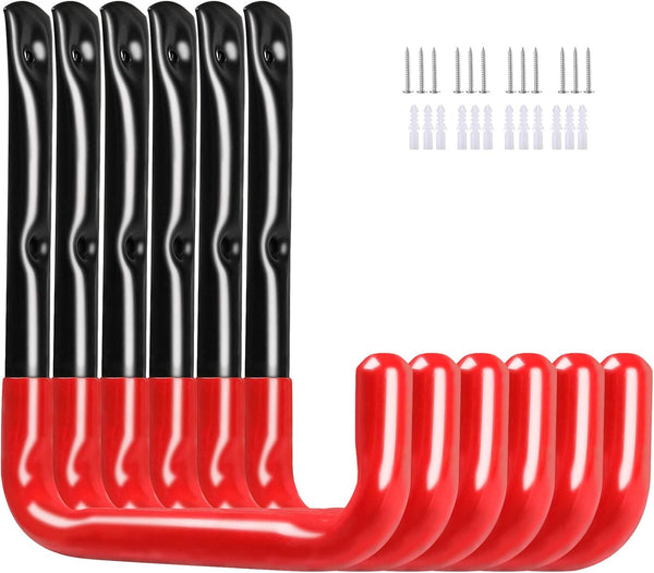 HOME RIGHT Garage Storage Utility Hooks Heavy Duty, Wall Mounted 7.2'' Ladder Hanger Organizer for Hanging Bicycle, Garden Hose, Folding Chairs and Tools(6 Pack, Red)