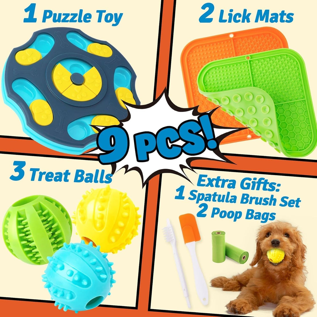 9 Pack All-Around Dog Puzzle Toy Set -Mentally Stimulating Dog Enrichment Toys for Small to Medium Smart Dogs, Includes Dog Lick Mat with Suction Cups