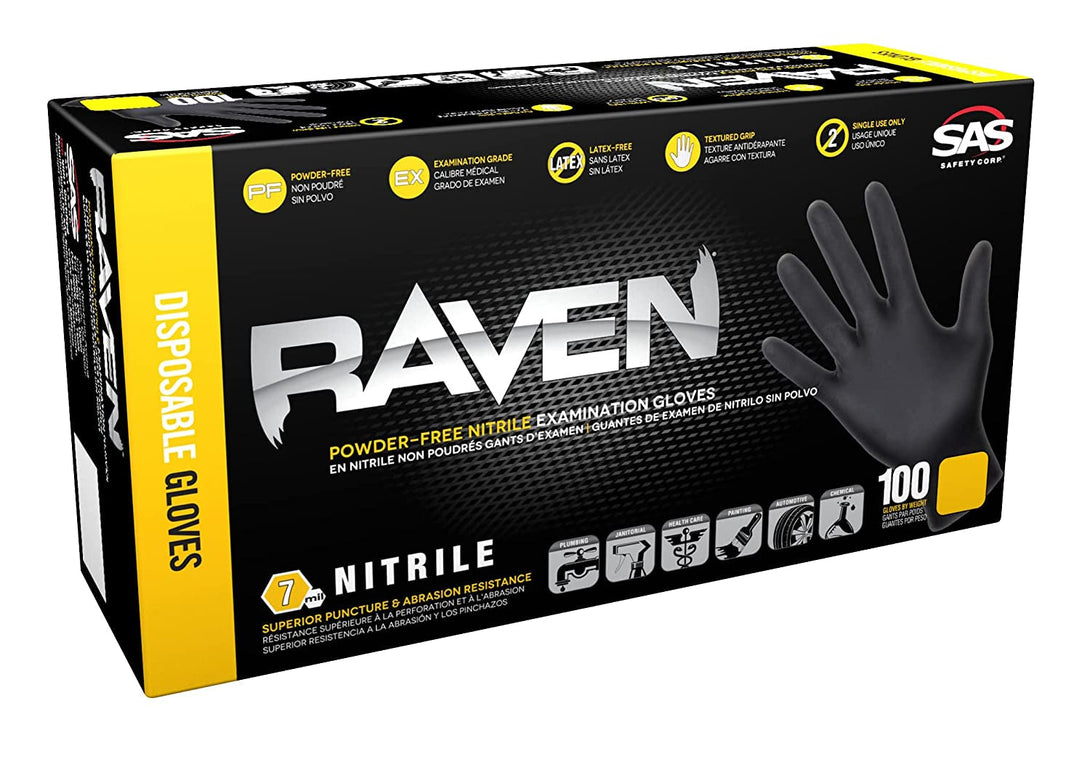 Raven Powder Free Nitrile Disposable Gloves 7 Mil - XL Latex Free, Chemical + Puncture Resistant, Textured Grip, Single Use for Automotive, Industrial, Janitorial, MRO, Food Service 66519