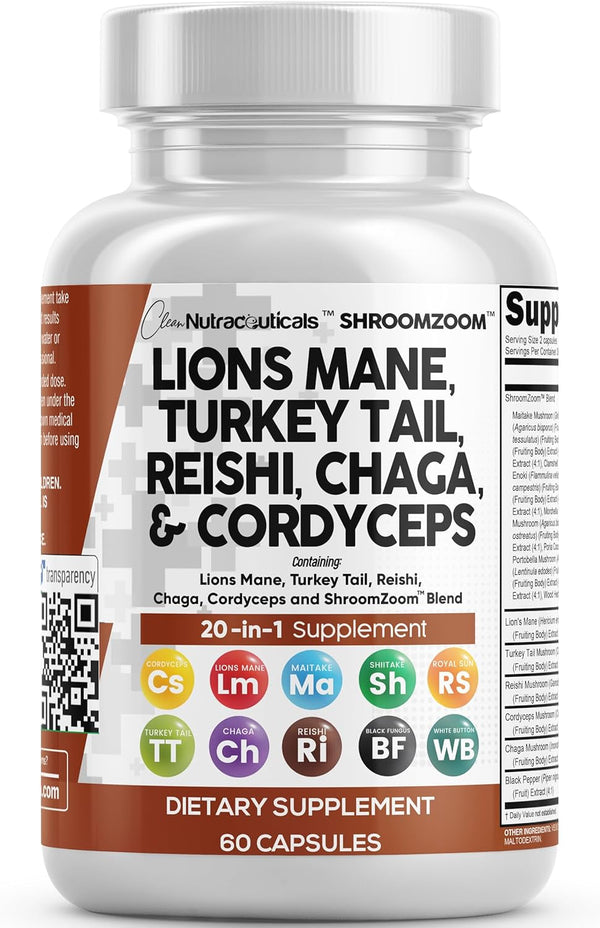 Clean Nutraceuticals Lions Mane 20In1 Mushroom Supplement with Turkey Tail Reishi Cordyceps Chaga Maitake Meshima Poria Cocos Shiitake Oyster Porcini Enoki - Pack