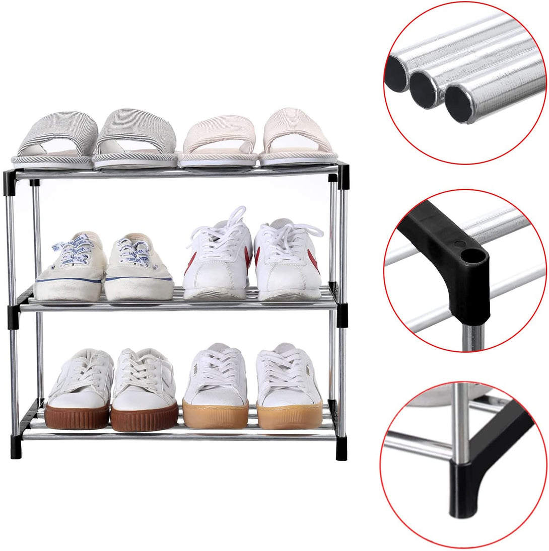 Stackable Small Shoe Rack, Entryway, Hallway and Closet Space Saving Storage and Organization (3-Tier, Black)