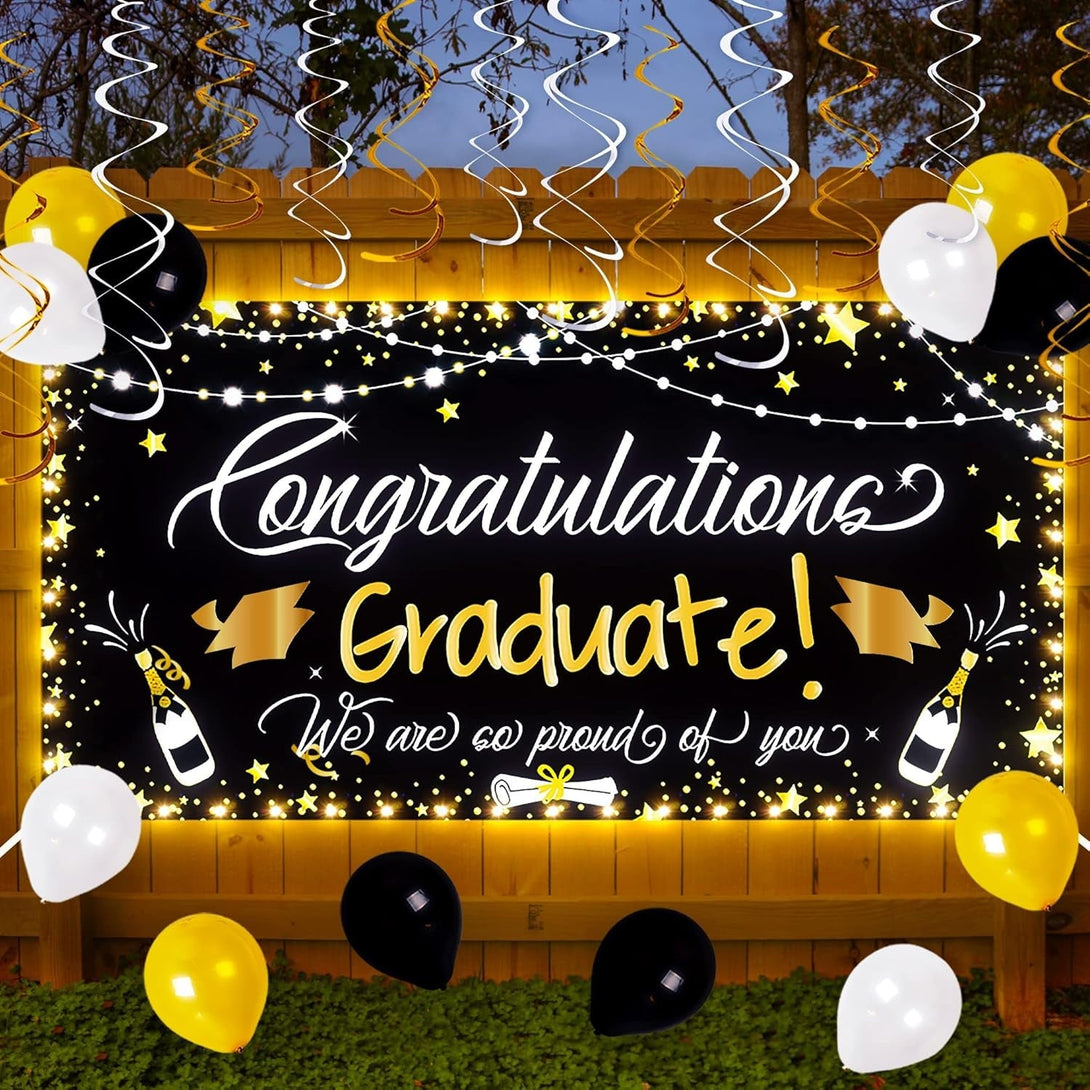 90Shine Graduation Decorations Class of 2025 - Lighted Large Congrats Grad Banner Garland Photo Backdrop+Balloons+Hanging Swirls Party Supplies (25PCS, Black, Not Include Battery)