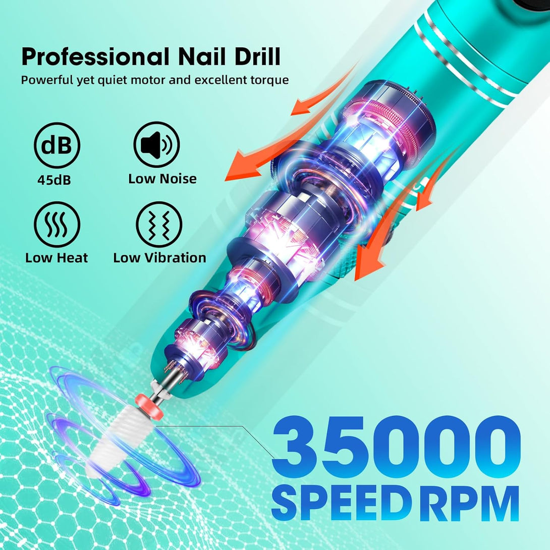 Nail Drill Cordless 35000RPM Rechargeable Professional Electric Nail Drill Kit Wireless Nail File Drill Acrylic Drill for Acrylic Gel Nails Manicure Pedicure Polishing Remover