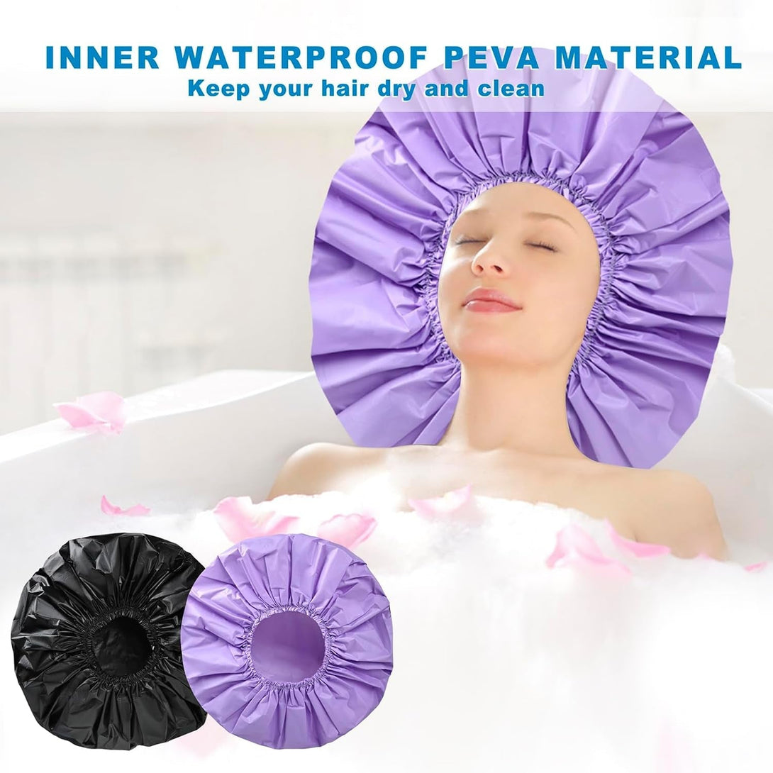 Jumbo Size Shower Cap 2 PCS Waterproof Shower Caps for Women, Extra Large Shower Cap, Reusable Super Large Bath Caps Hair Cap for Long Thick Curly Hair, Locs, Twist Braids - Black + Purple