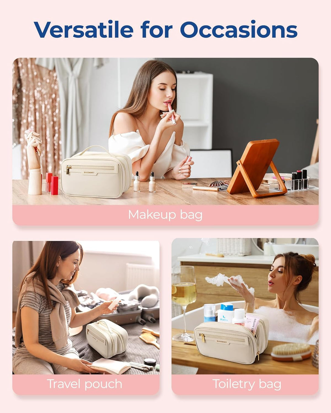 BAGSMART Travel Makeup Bag, Make up Bag with Multiple Compartments for Organizer, Durable & Compact Cosmetic Organizer for Women for Travel Accessories (Beige)