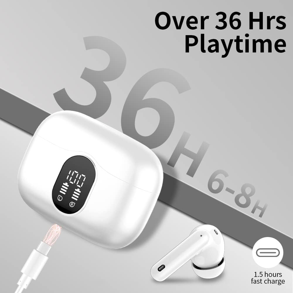 Wireless Earbuds Bluetooth 5.4 Headphones Bass Stereo Ear Buds with Noise Cancelling Mic LED Display in Ear Earphones IP7 Waterproof 36H Playtime for Laptop Pad Phones Sports Workout White