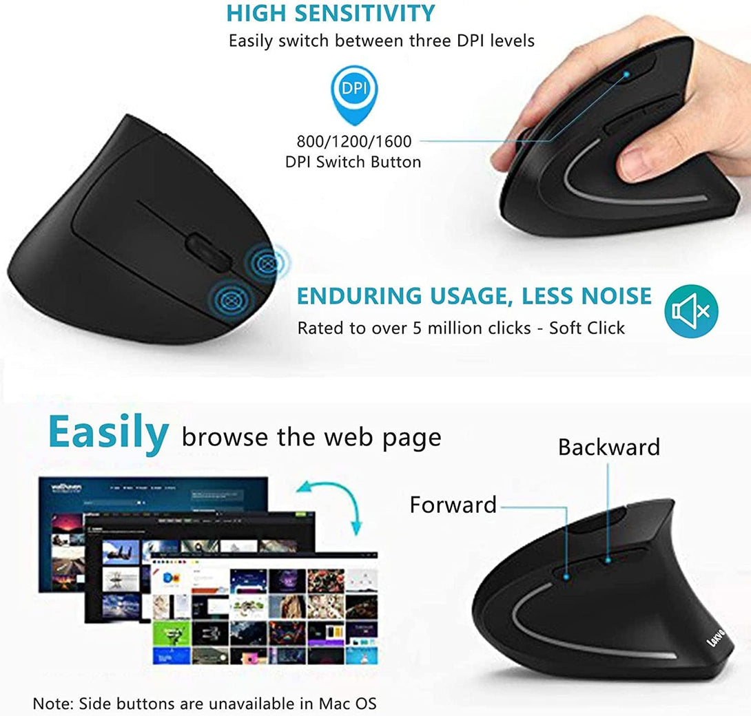 Lekvey Ergonomic Mouse, Vertical Wireless Mouse - Rechargeable 2.4Ghz Optical Vertical Mice : 3 Adjustable DPI 800/1200/1600 Levels 6 Buttons, for Laptop, PC, Computer, Desktop, Notebook Etc, Black