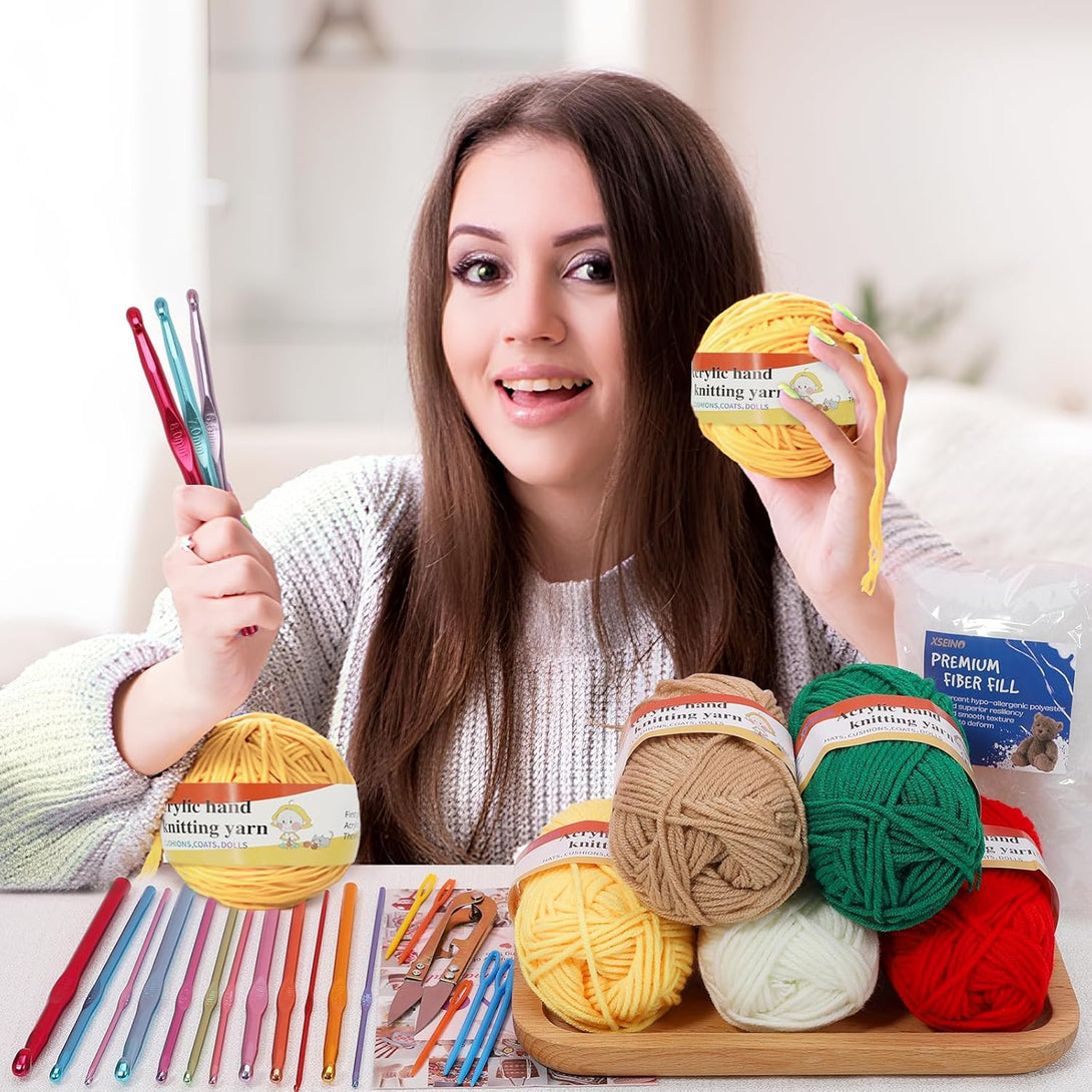 XSEINO Crochet Kit with Crochet Hooks Yarn Set - Premium Bundle Includes 5 Colors Crochet Yarn Balls, Crochet Kit, Accessories Kit, Crochet Bag and Lot More - Starter Pack for Beginners