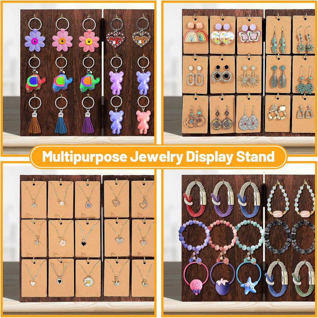 Aulock Wooden Jewelry Display Stand - 3-Sided Panel Earring Display Stands for Selling Earrings Rings & Keychain Display with 27 Hooks & 100 Earring Cards for Store Showcase and Home(Brown)