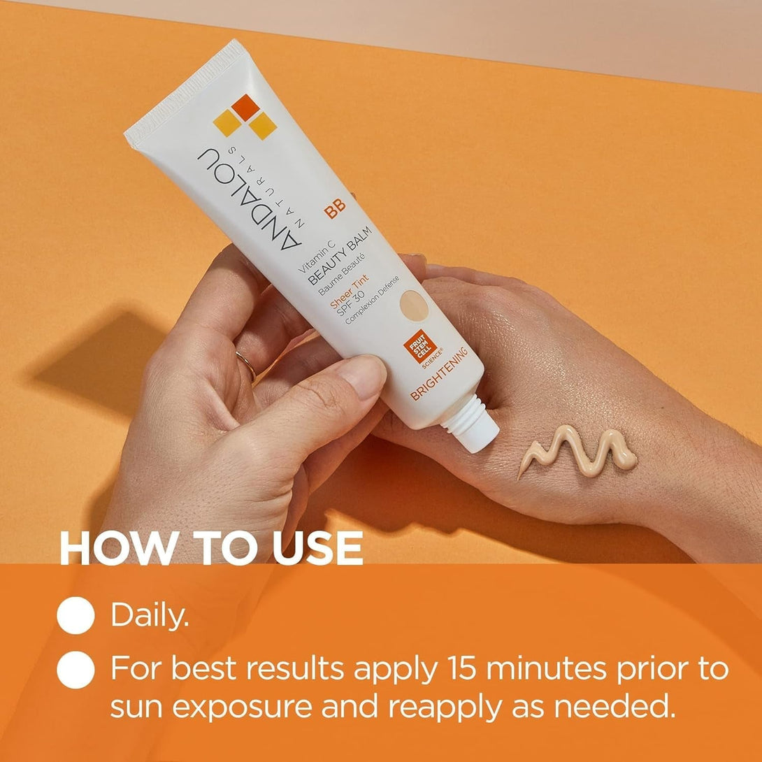 Andalou Naturals Vitamin C BB Beauty Balm Sheer Tint SPF 30, 2-In-1 BB Cream & Face Sunscreen with Broad Spectrum Protection, Mineral Sunscreen with Non-Nano Zinc Oxide, 2 Fl Oz