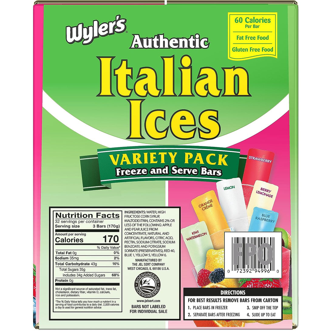 Wyler'S Authentic Italian Ice Fat Free Freezer Bars Original Flavors 2Oz Bars, 96 Count