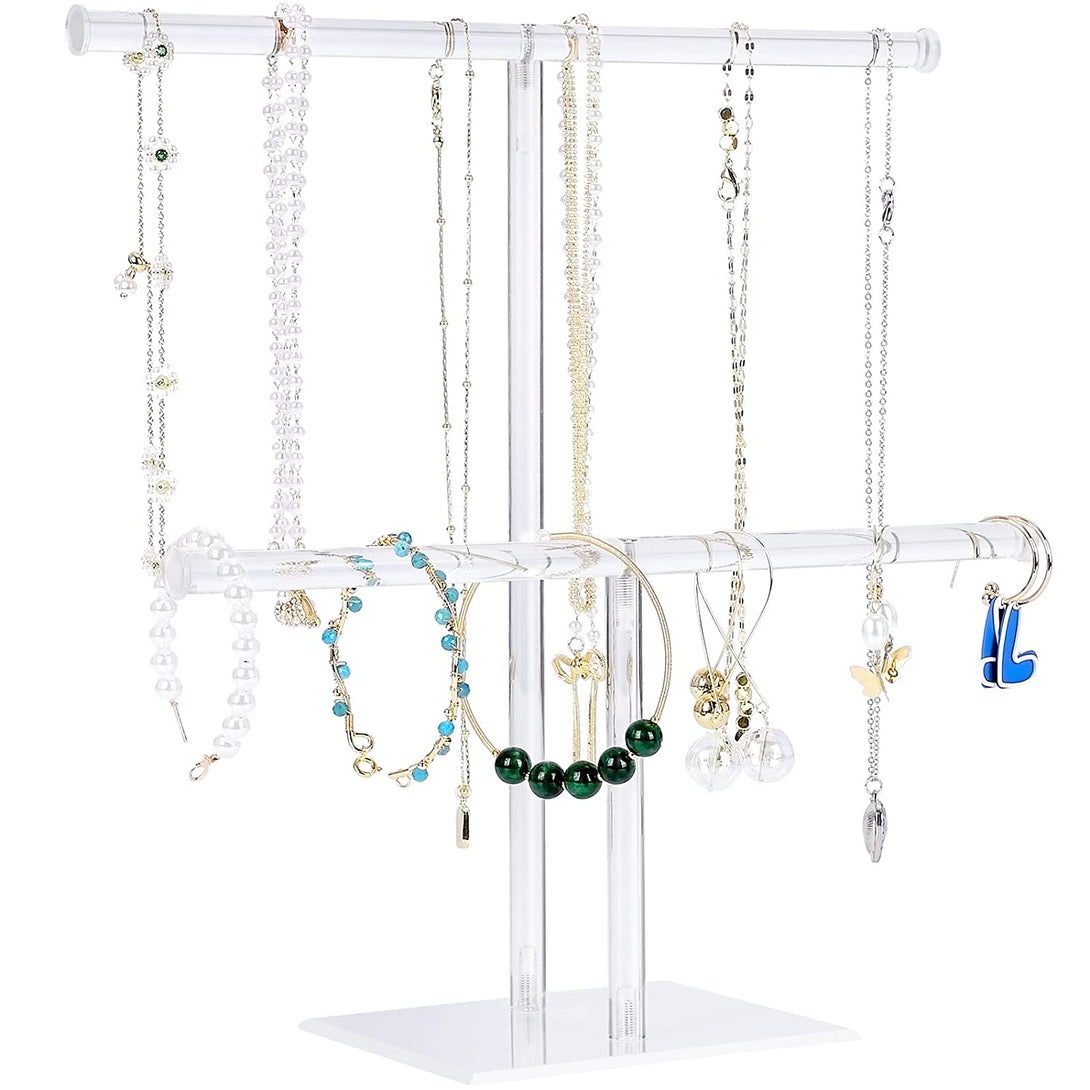 Jewelry Stand Necklace Holder, Acrylic Jewelry Display Holder, Necklace and Bracelet Hanging Organizer, Clear 2-Tier Tower Stand for Bangles, Necklaces, Bracelets, Rings, Earrings and Watch