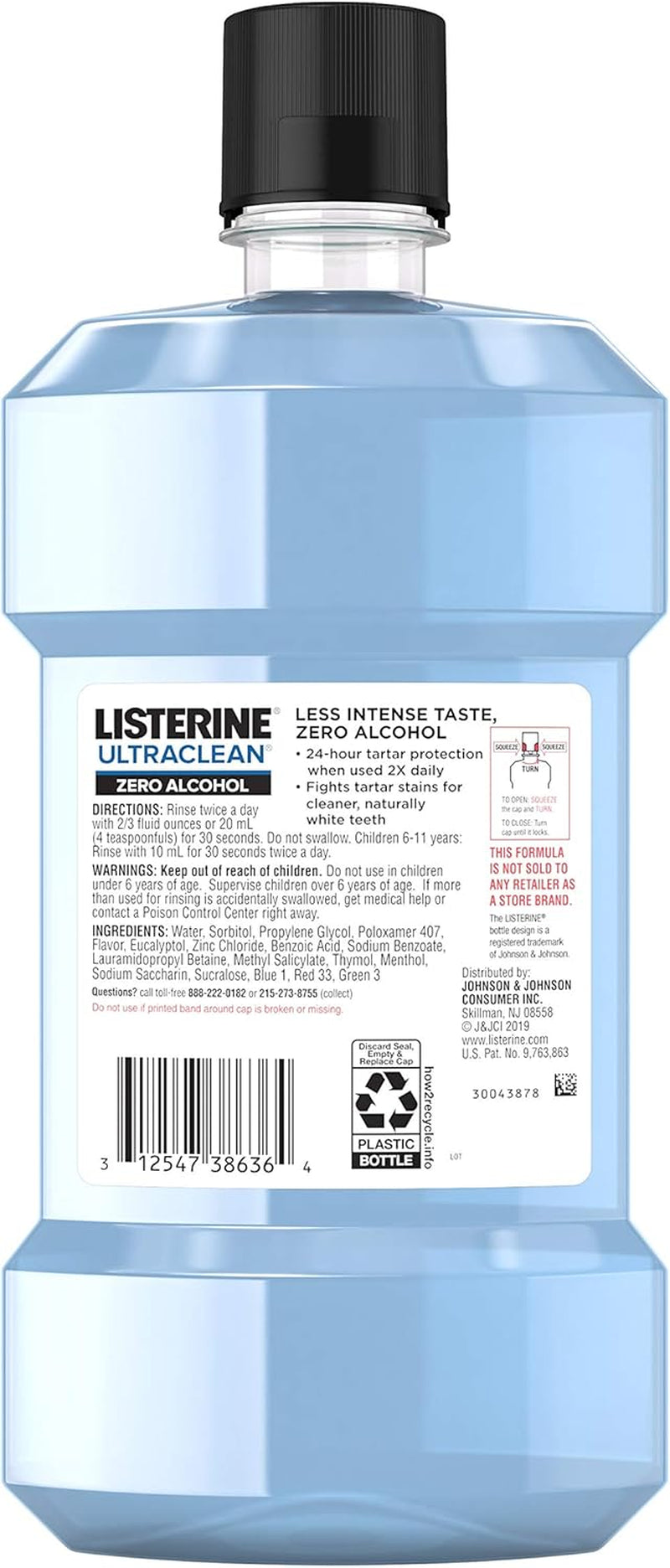 Listerine Ultraclean Zero Alcohol Tartar Control Mouthwash, Oral Rinse to Help Fight Bad Breath and Tartar, for Cleaner, Naturally White Teeth, Less Intense Arctic Mint Taste, 1 L